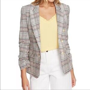 1. State Cassia ruched sleeve pink/black/yellow plaid open front blazer Size S